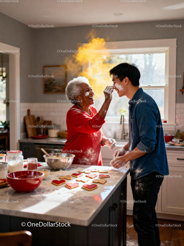 Joyful baking moment with heart shaped cookies in kitchen