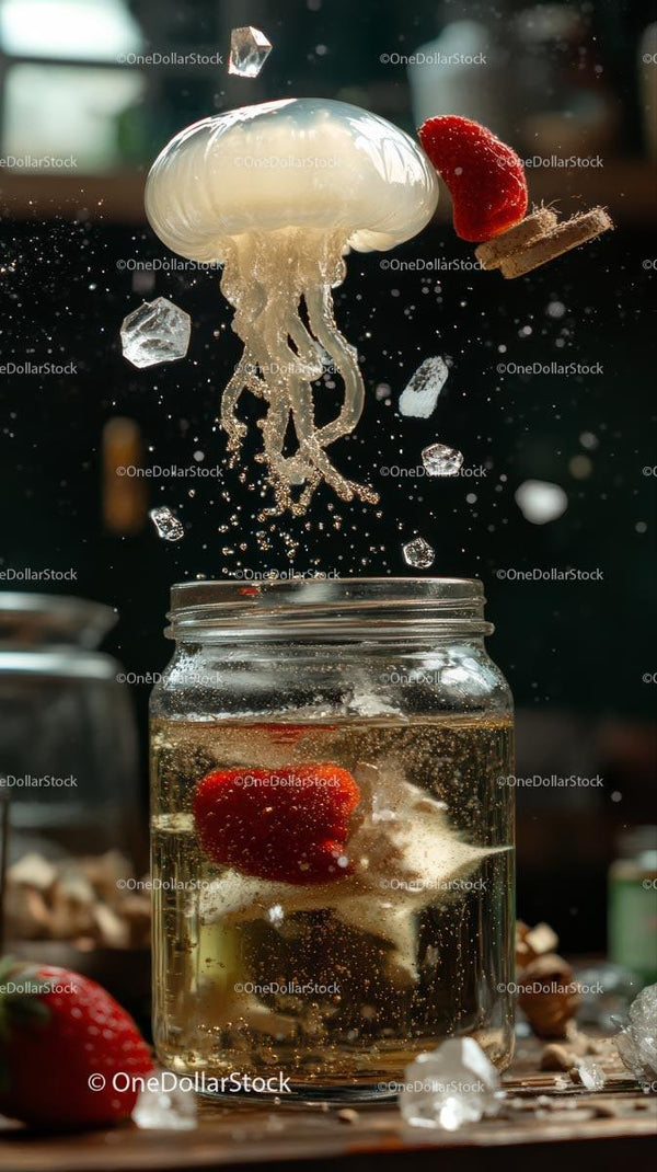 Splashing Jellyfish and Strawberries in a Glass Jar