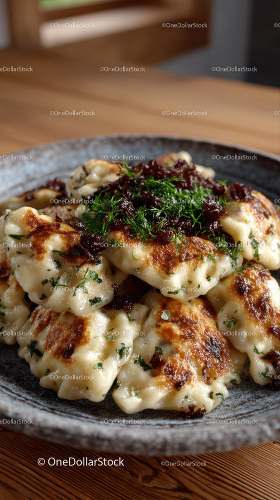 Pan-fried Cheese Dumplings Garnished with Fresh Herbs