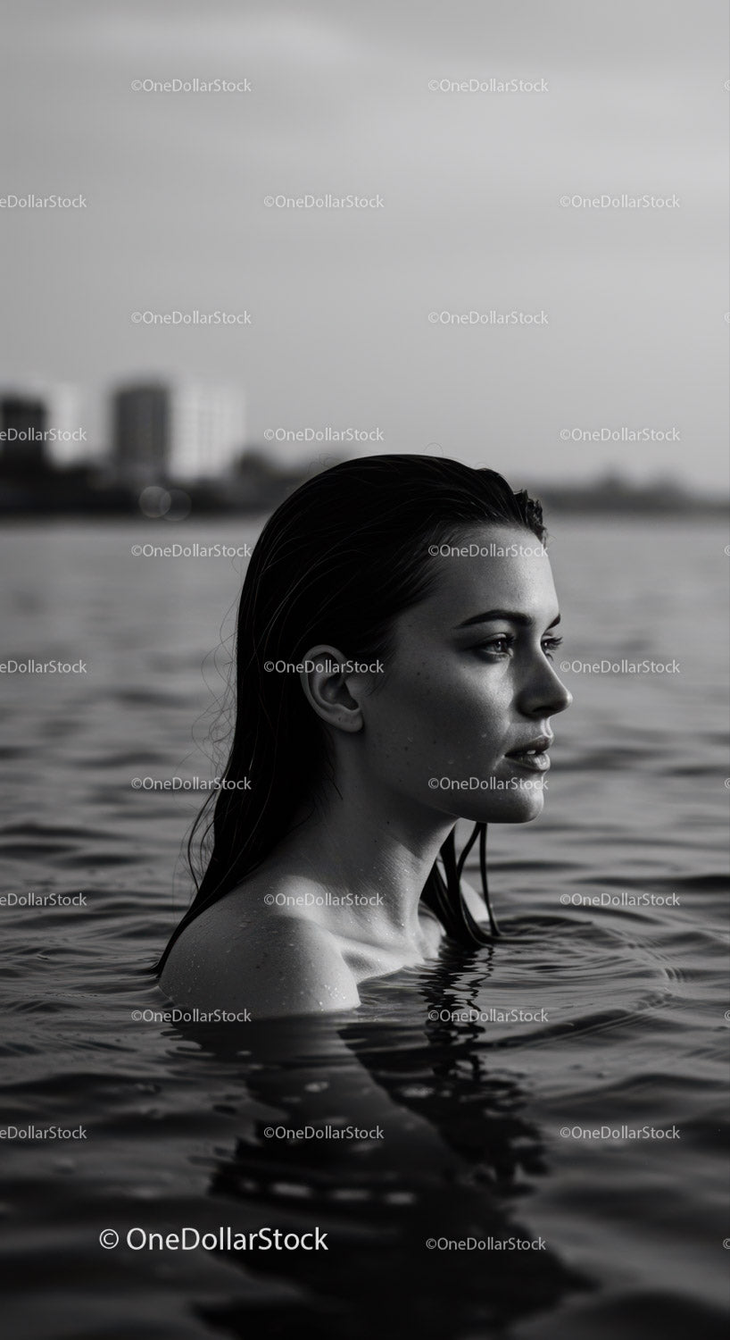 Serene Female Portrait in Water with Urban Background