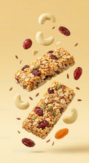 Crispy Nut and Berry Granola Bars Floating on Beige Background