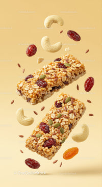 Crispy Nut and Berry Granola Bars Floating on Beige Background