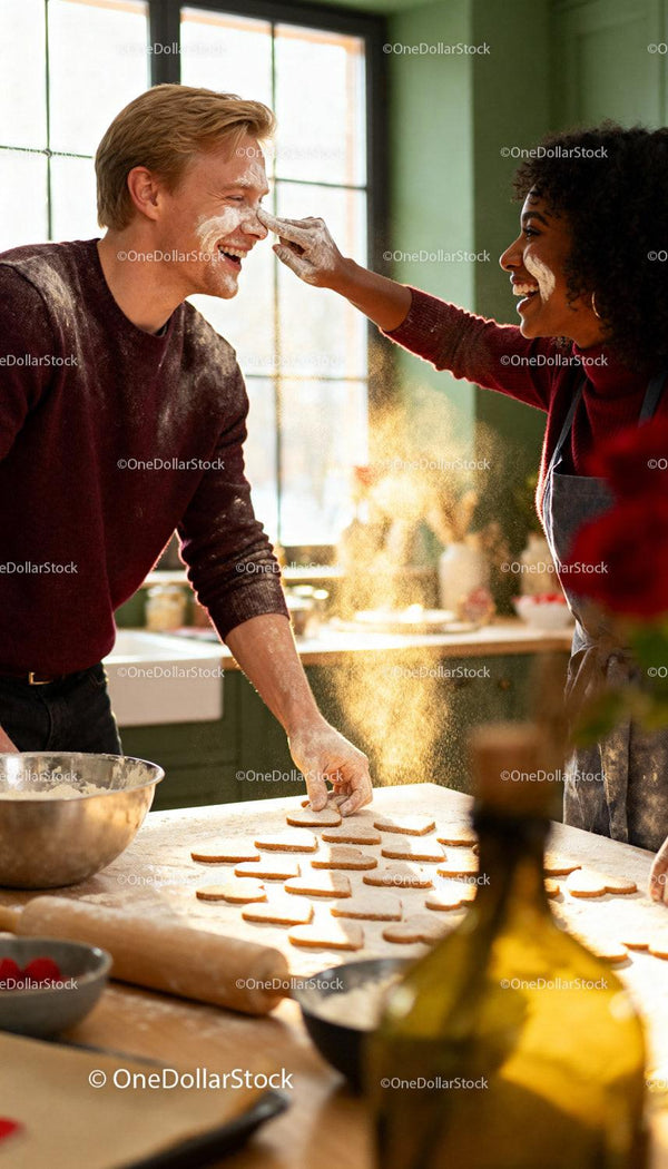 Couple Playfully Baking Heart Cookies Together