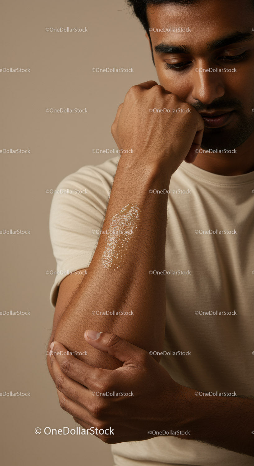 Young Man with Thoughtful Expression and Moisturizing Skincare Routine