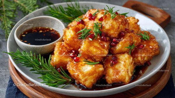 Crispy Fried Chicken with Sweet Soy Sauce Garnished with Pomegranate Seeds