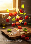 Fresh cherry tomatoes with basil and cheese on wooden board