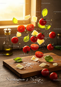 Fresh cherry tomatoes with basil and cheese on wooden board