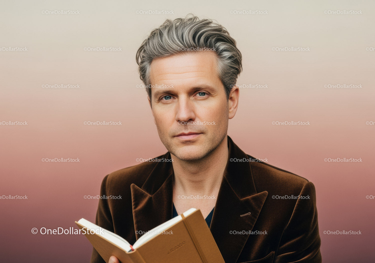 Elegant mature man with gray hair reading a book outdoors with pastel background