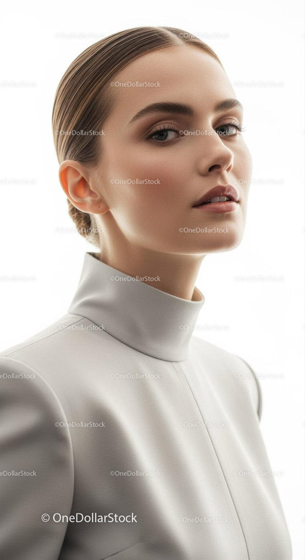 Elegant Portrait of Woman in White Turtleneck with Perfect Skin and Sleek Hair