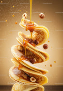 Drizzle of honey over stacked fluffy pancakes with hazelnuts