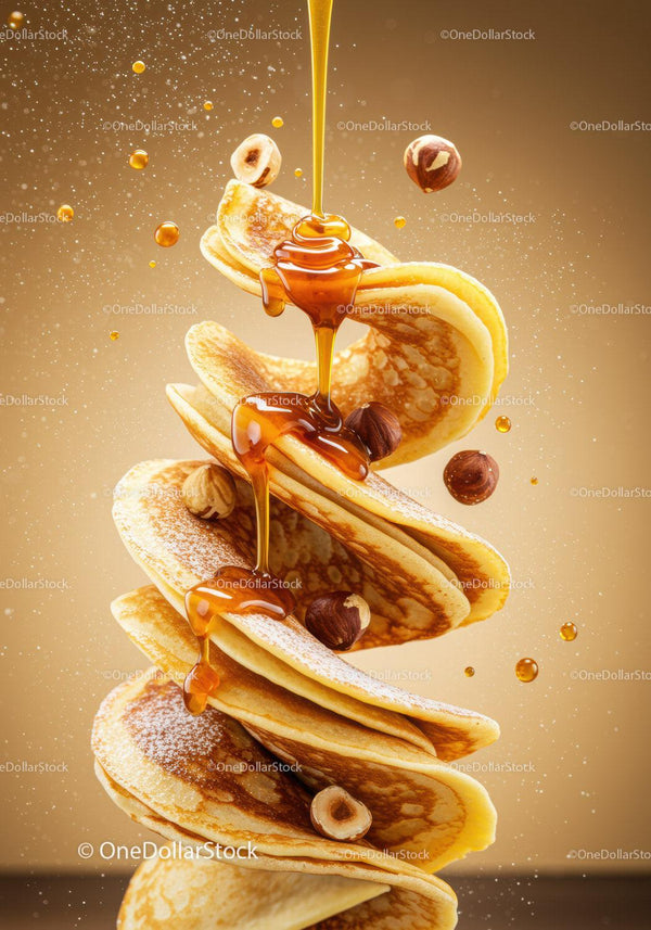Drizzle of honey over stacked fluffy pancakes with hazelnuts