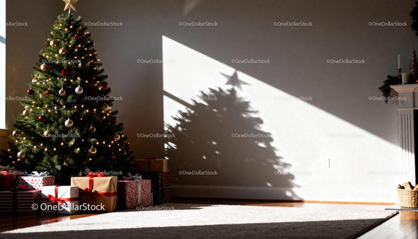 Christmas tree with gifts casting festive shadow indoors