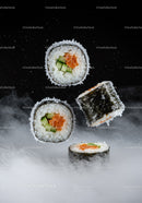 Fresh sushi rolls floating above smoky background