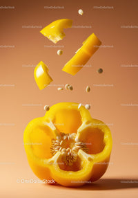 Yellow bell pepper pieces with seeds flying up