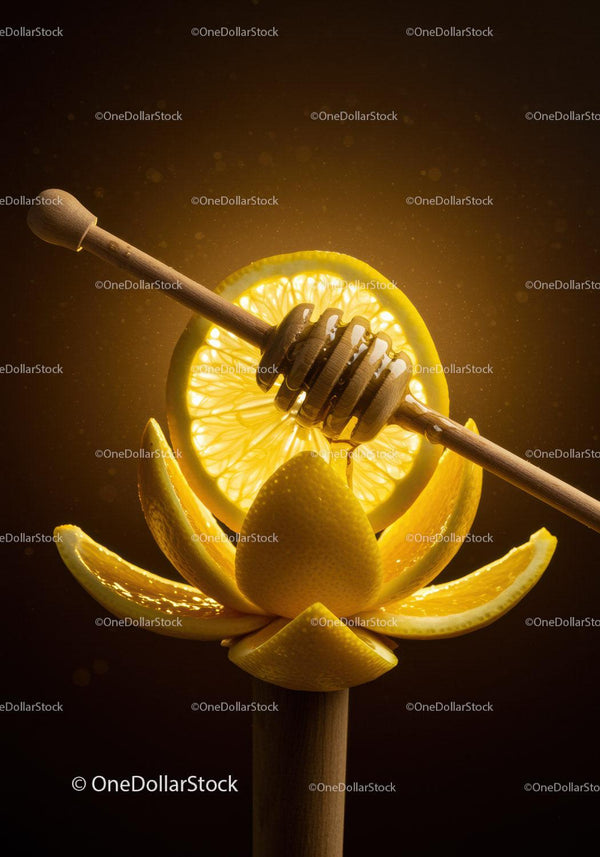 Creative lemon slices with honey dipper on dark background