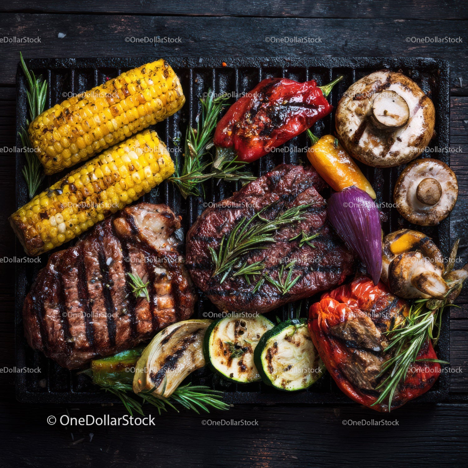 Grilled Steak and Vegetables on a Black Grilling Tray