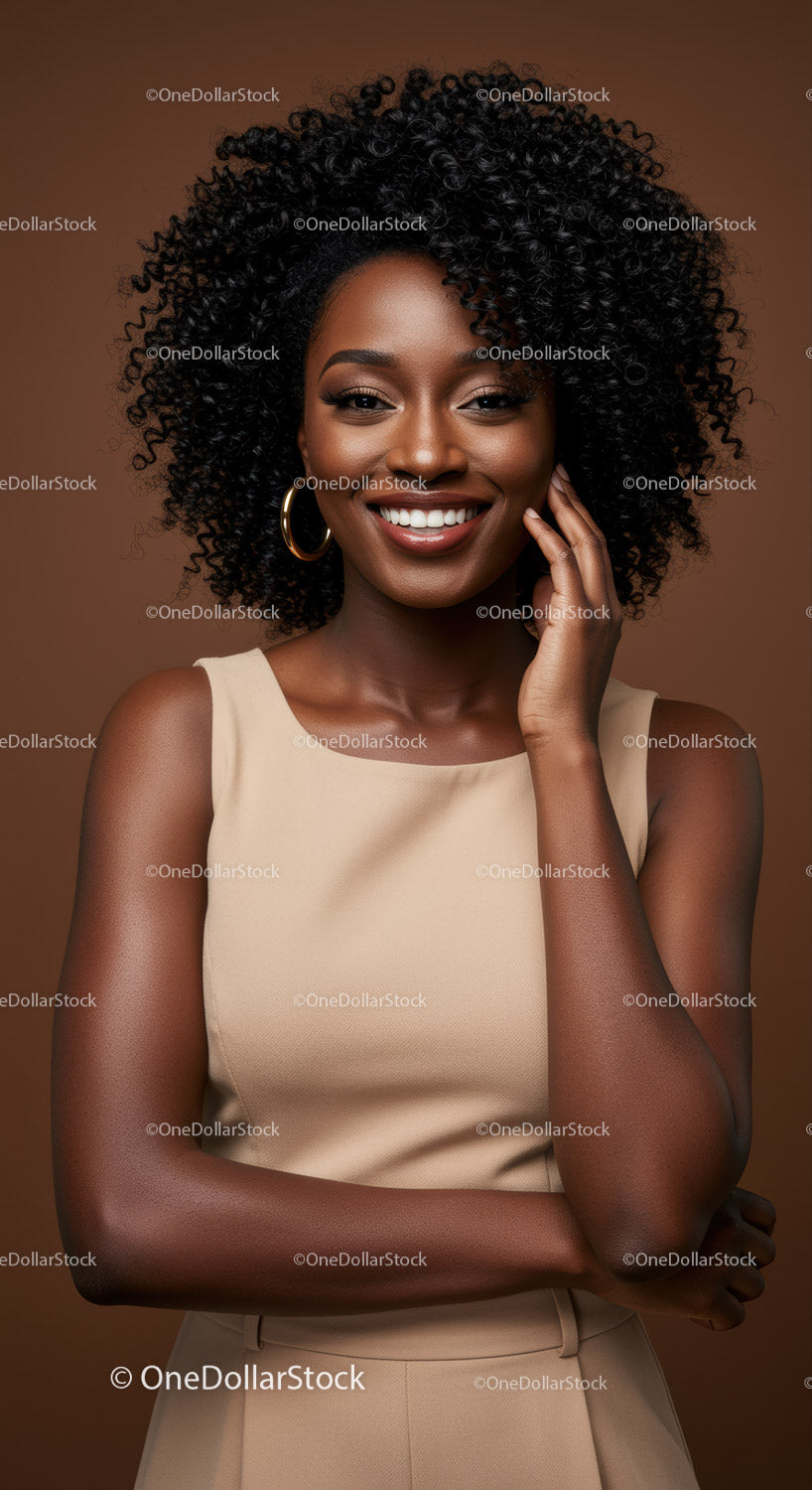 Portret uśmiechniętej, eleganckiej Afroamerykanki z kręconymi włosami