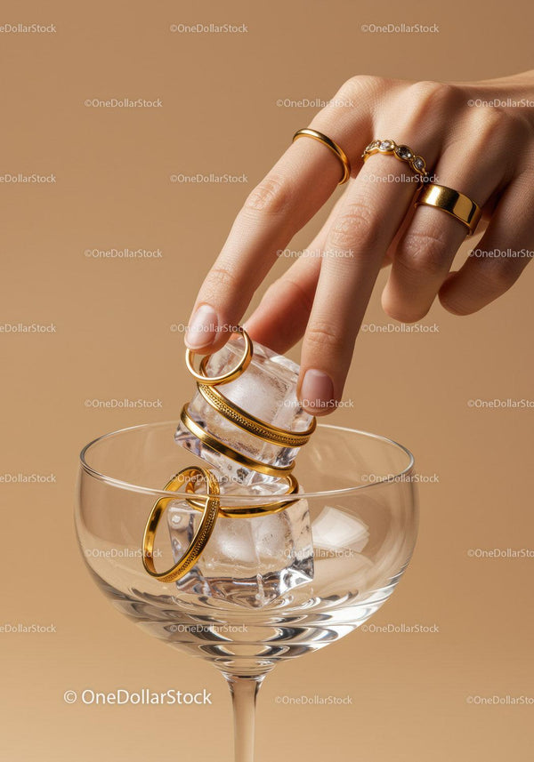 Hand placing golden rings on ice cubes in glass