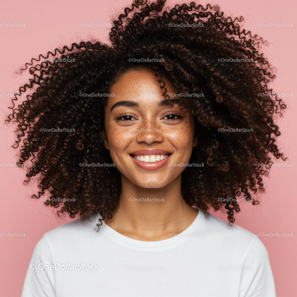 Young Woman with Curly Hair and Bright Smile in Pink Background