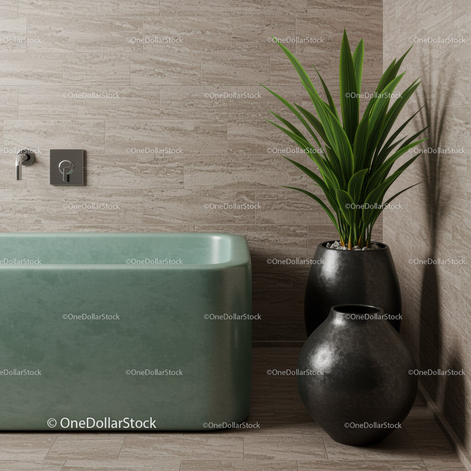 Modern Bathroom with Green Plant and Stylish Black Vases for Elegant Decor
