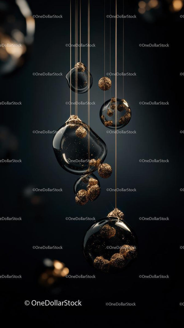Elegant Luxury Christmas Ornaments with Gold Glitter on Black Background