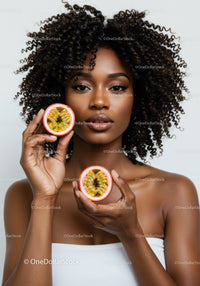 Portrait of a Woman with Passion Fruit and Dragon Fruit