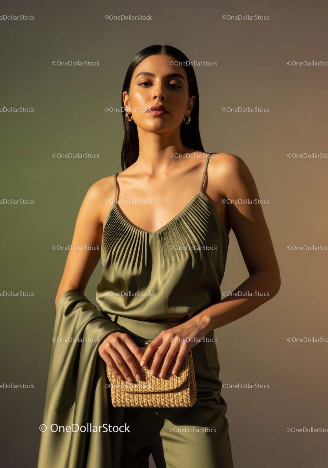 Elegant Woman in Silk Camisole with Gold Earrings and Chic Style