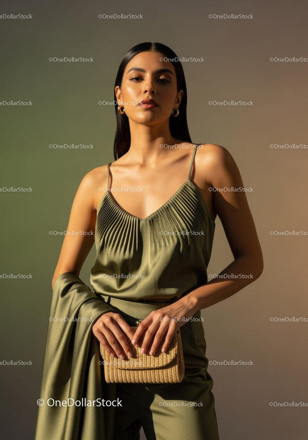 Elegant Woman in Silk Camisole with Gold Earrings and Chic Style