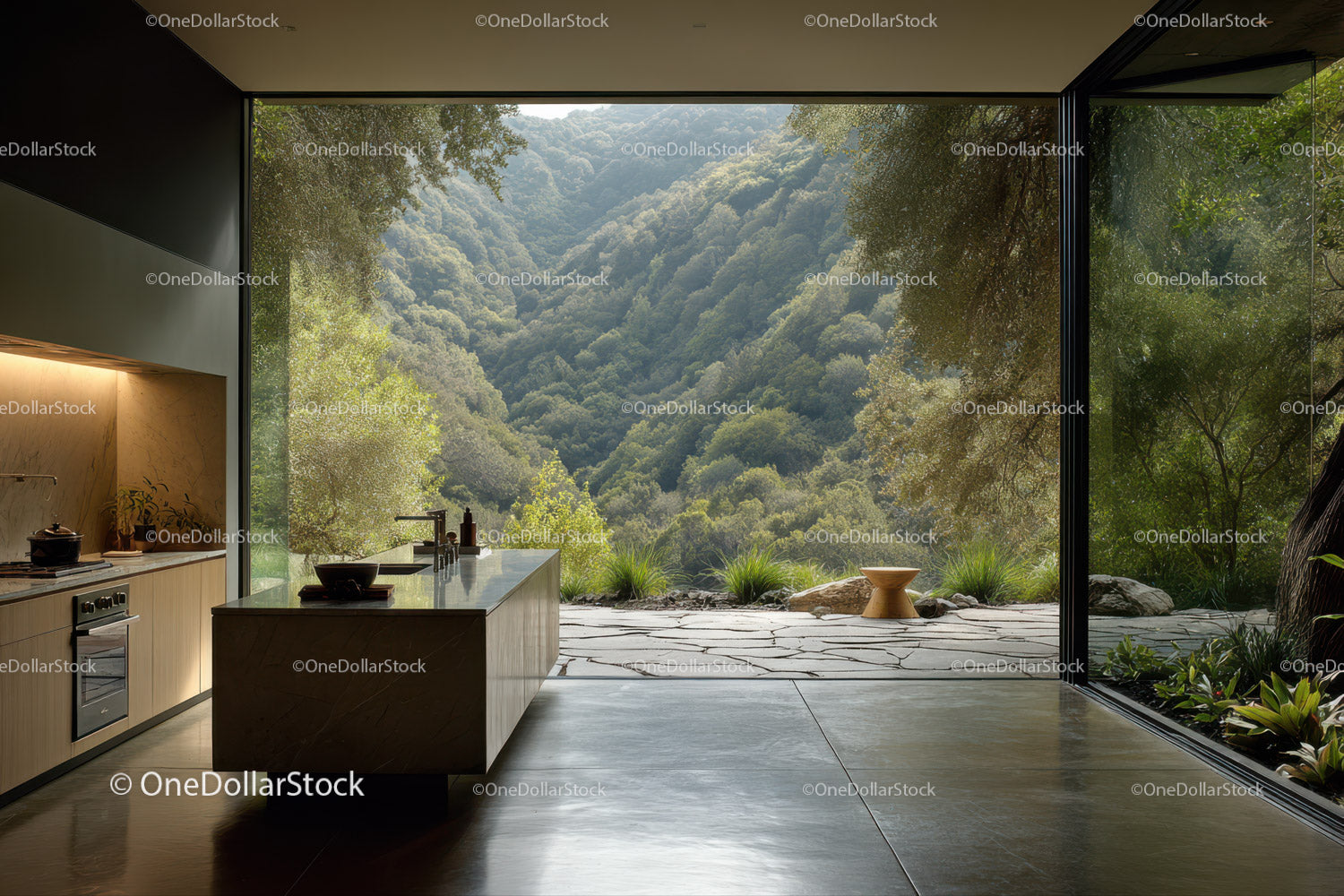 Modern Kitchen with Scenic Mountain View and Lush Greenery