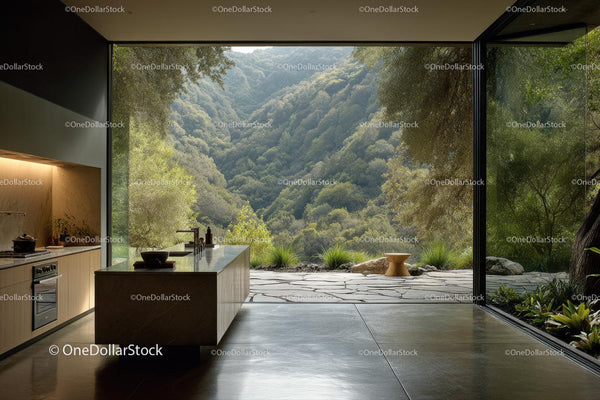 Modern Kitchen with Scenic Mountain View and Lush Greenery