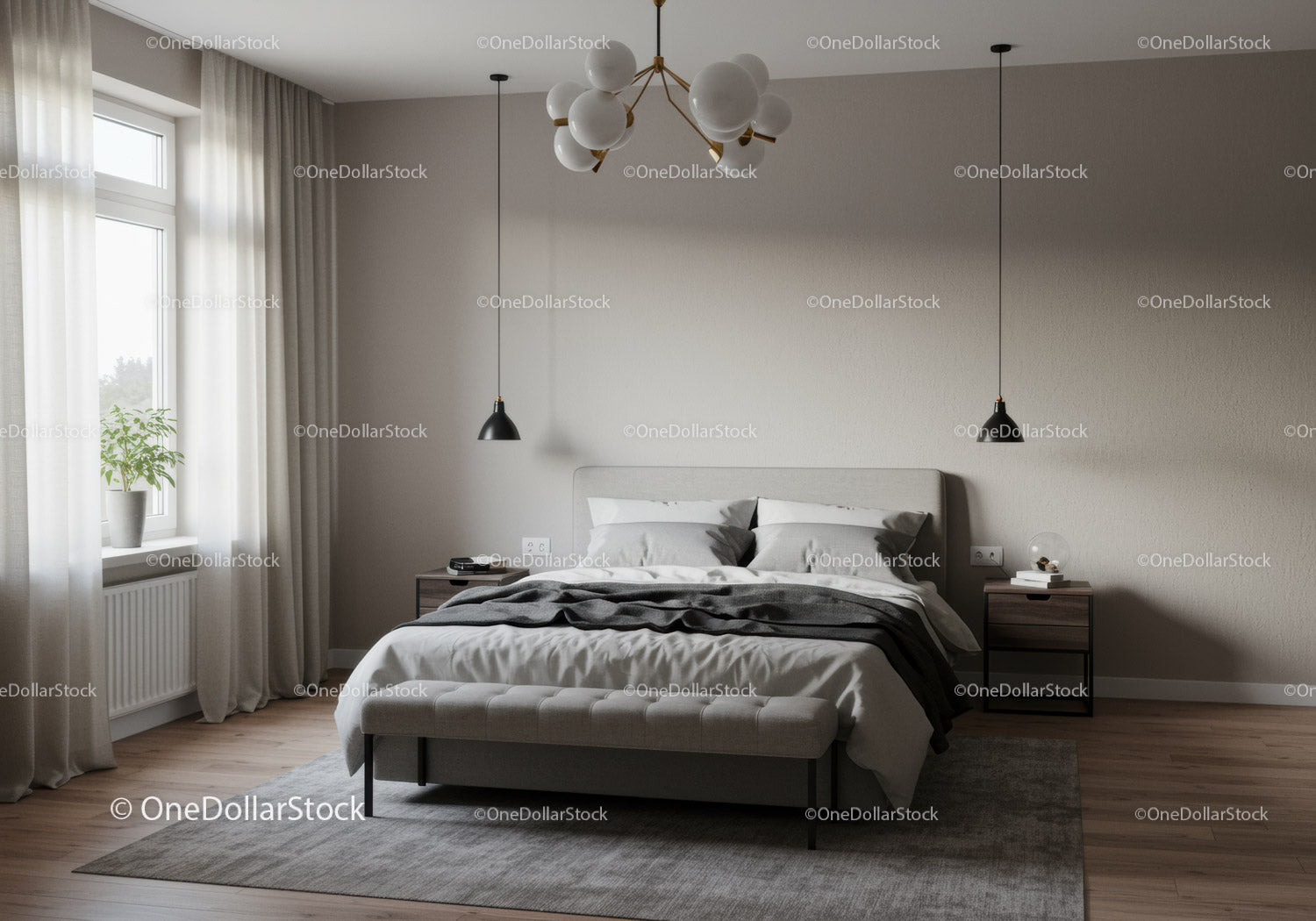 Modern Bedroom with Neutral Decor and Stylish Lighting