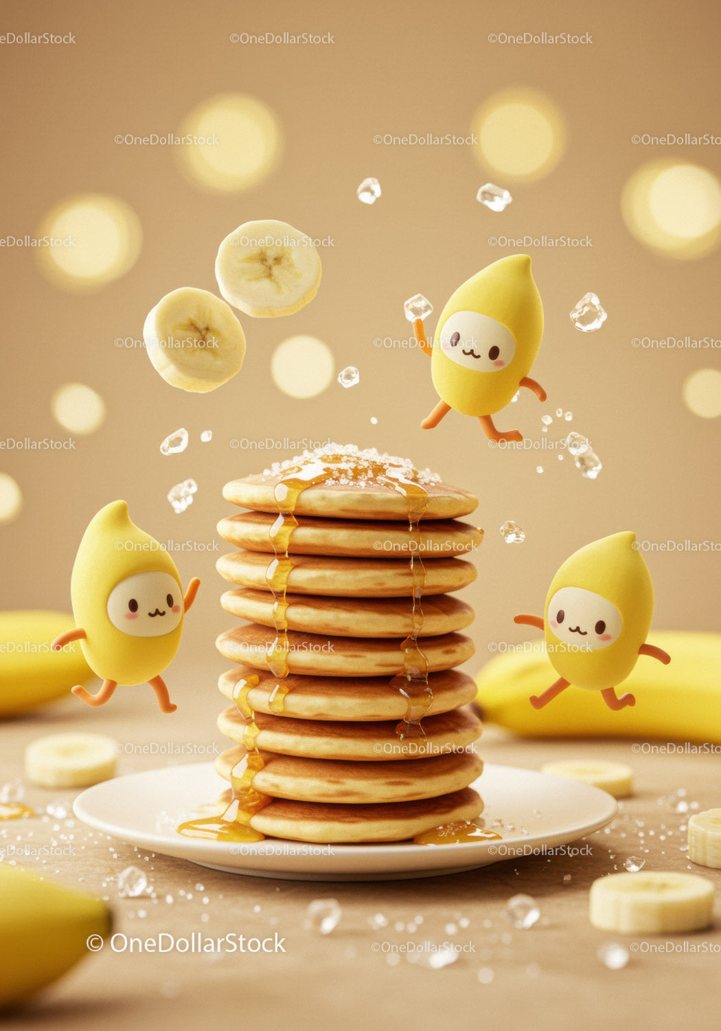Stack of pancakes with honey and playful banana characters