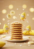 Stack of pancakes with honey and playful banana characters