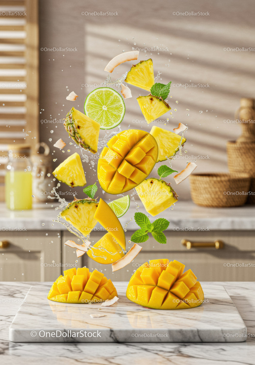 Fresh tropical fruits with water splash on marble board