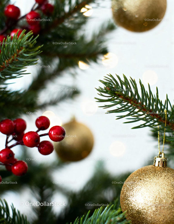 Festive Pine Branch with Red Berries and Golden Ornament