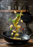 Garlic and herbs sizzling in hot oil frypan