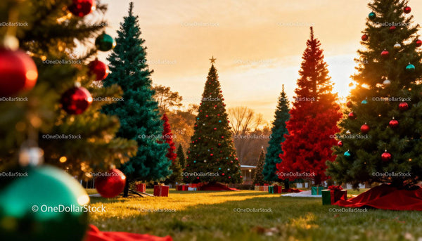 Festive Christmas Trees Decorated with Ornaments at Sunset