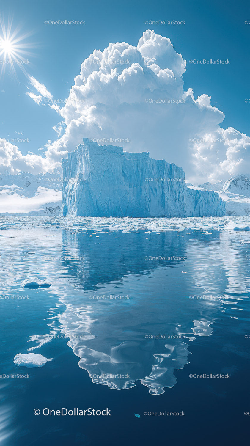 Majestic Blue Iceberg Floating in Calm Arctic Waters Under Bright Sky