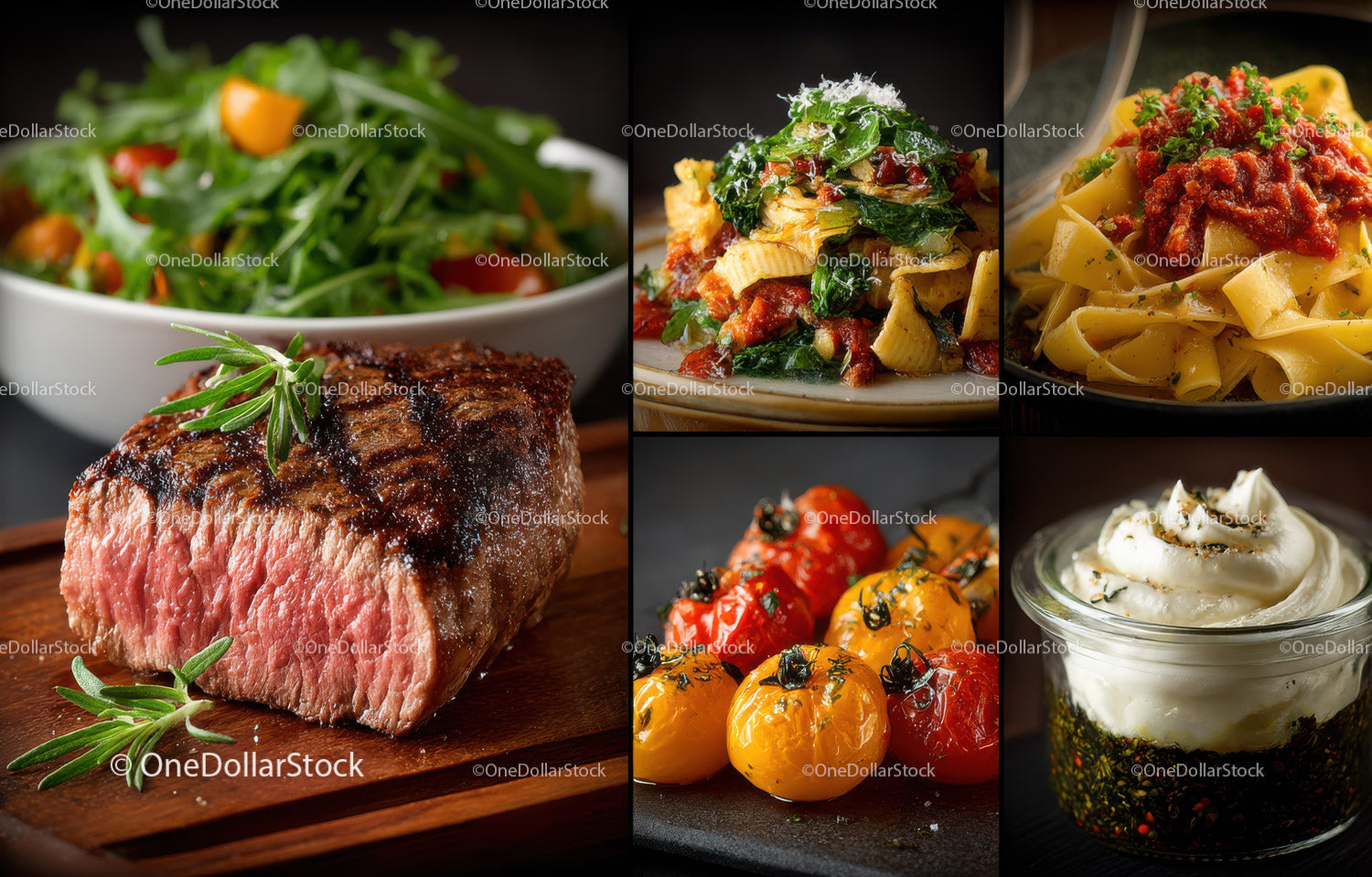 Gourmet Italian Cuisine with Pasta Salad Steak and Dessert