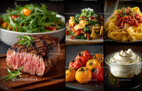 Gourmet Italian Cuisine with Pasta Salad Steak and Dessert