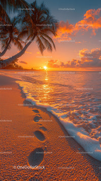 Idyllic Tropical Beach Sunset with Palm Trees and Footprints