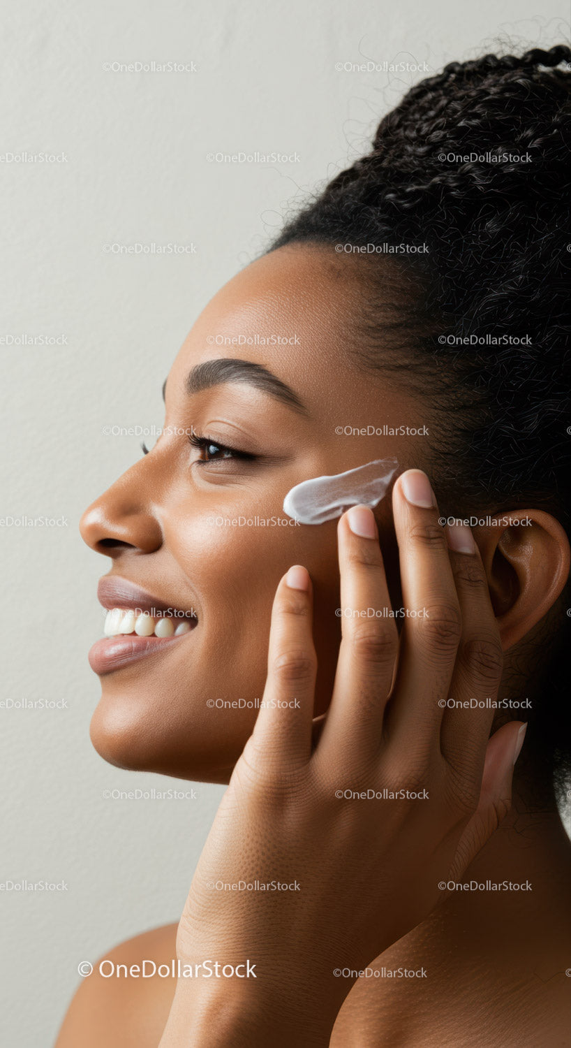Woman Applying Skincare Cream on Her Face for Natural Glow