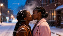 Two Women Sharing a Tender Kiss in Snowy Evening