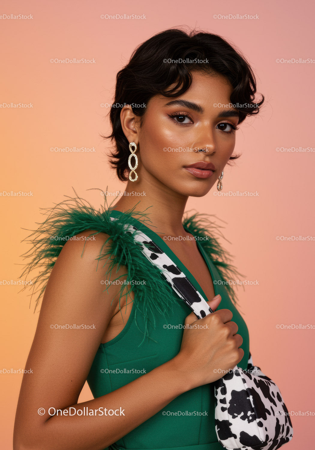 Elegant Woman in Green Dress with Feather Details and Statement Earrings