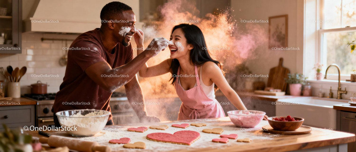 Couple Playfully Baking Heart Cookies in Cozy Kitchen