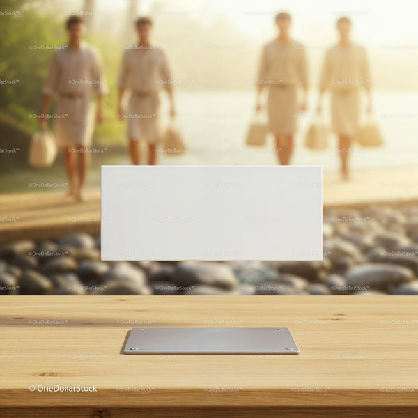 Blank white card on wooden table by riverside path JPG Mockup Image