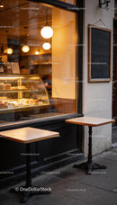 Empty cafe tables beside a warm bakery window