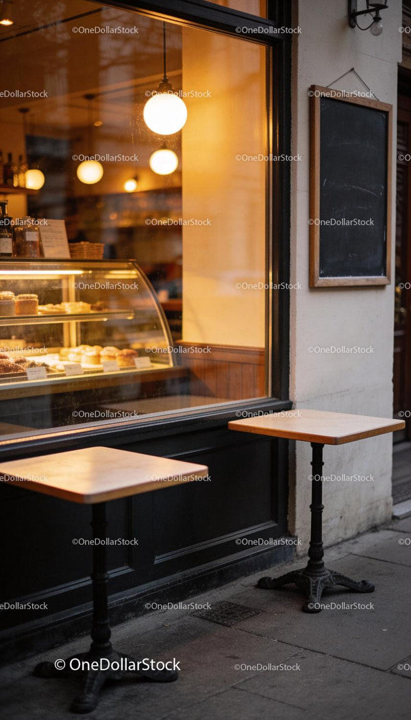 Empty cafe tables beside a warm bakery window