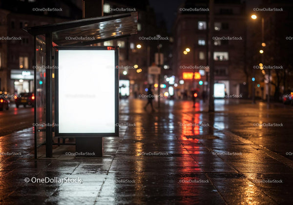 Nighttime City Bus Shelter with Illuminated Advertisement and Reflections JPG Mockup Image