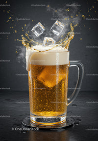 Refreshing beer splash with ice cubes in glass mug